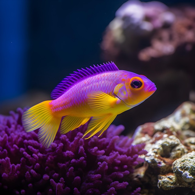 Person peacefully observing colorful tropical fish in a large aquarium with soft blue lighting